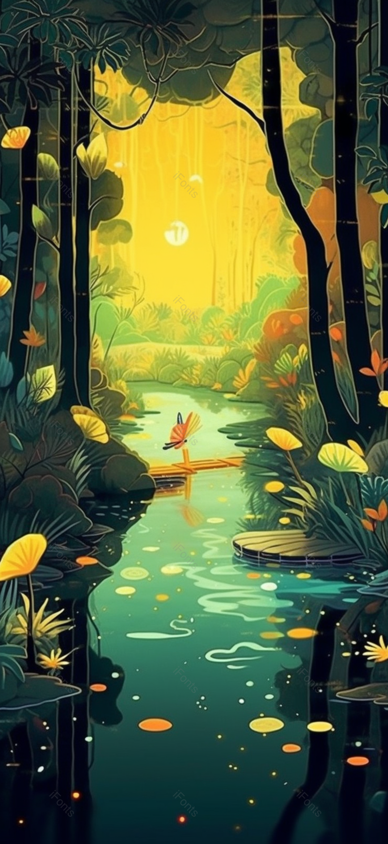 户外夏天夜晚萤火虫森林树植物河流倒影静谧唯美插画,插画/手绘图,插画/手绘图库,插画/手绘图下载,插画/手绘